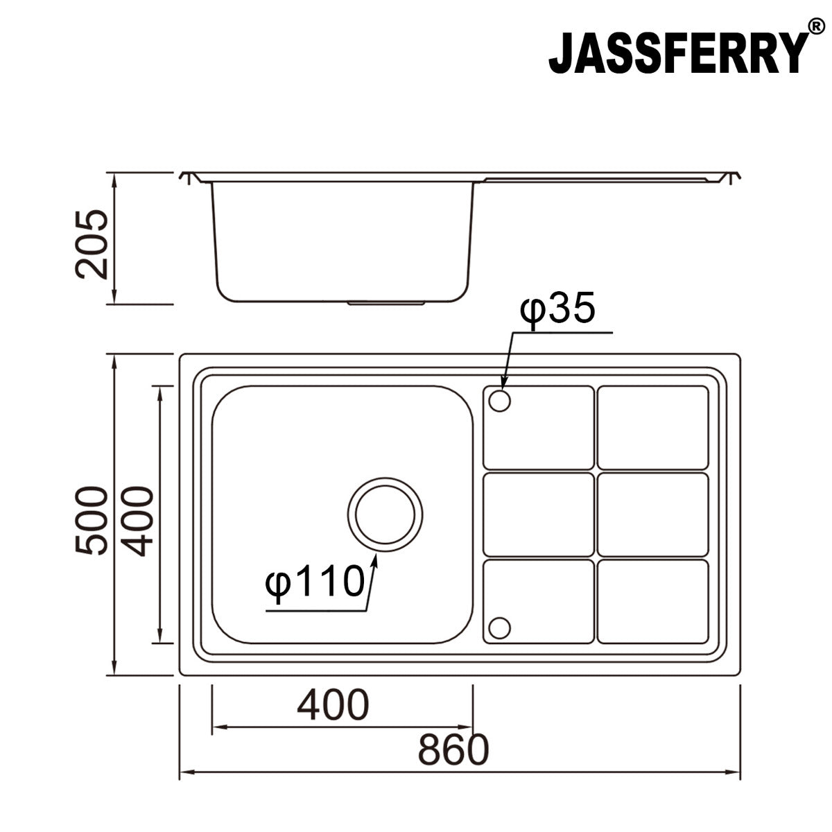 JassferryJASSFERRY Stainless Steel Kitchen Sink Single 1 Bowl Reversible Rectangle DrainerKitchen Sinks