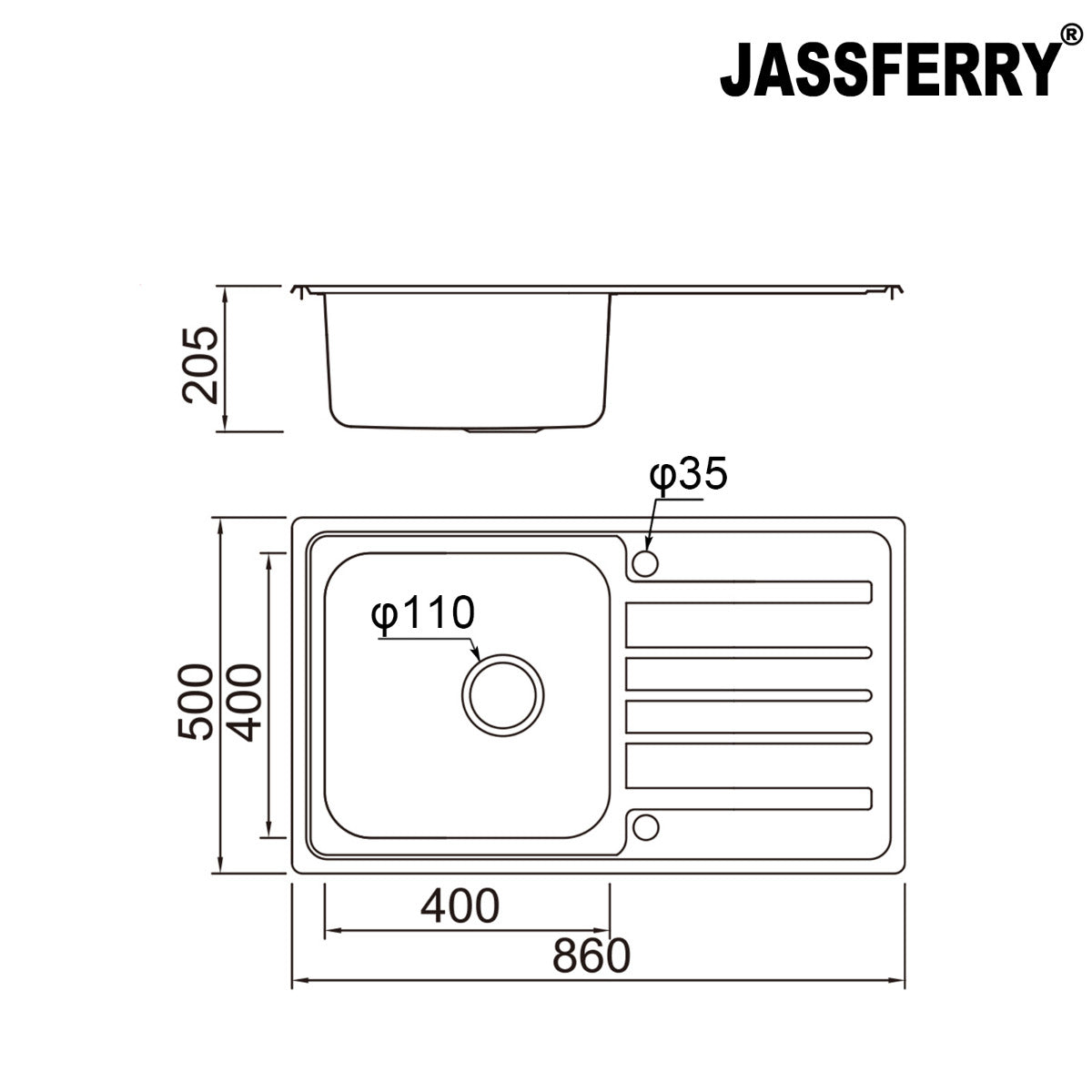 JassferryJASSFERRY Stainless Steel Kitchen Sink Inset Single 1 Bowl 860 x 500 mm Reversible Drainer - 802Kitchen Sinks