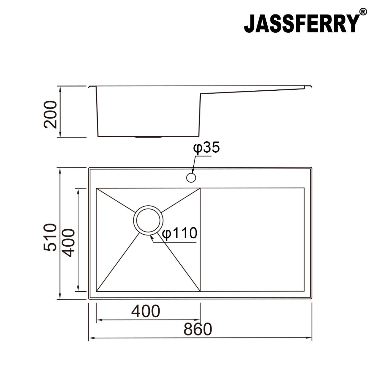 JassferryJASSFERRY Handcrafted Stainless Steel Kitchen Sink Inset 1 Bowl Righthand DrainerKitchen Sinks