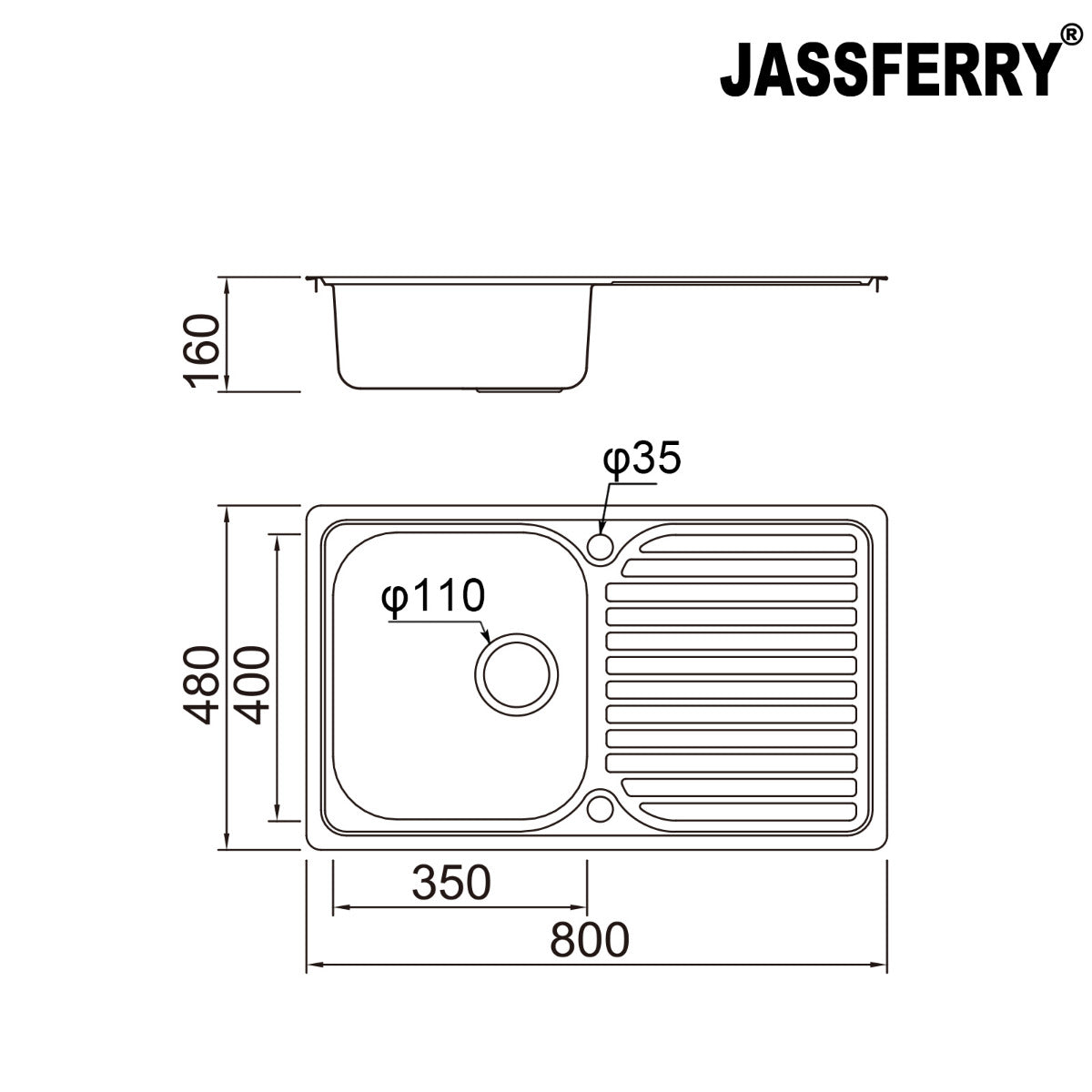 JassferryJASSFERRY Stainless Steel Kitchen Sink Inset Single 1 Bowl Reversible Drainer - 834BKitchen Sinks