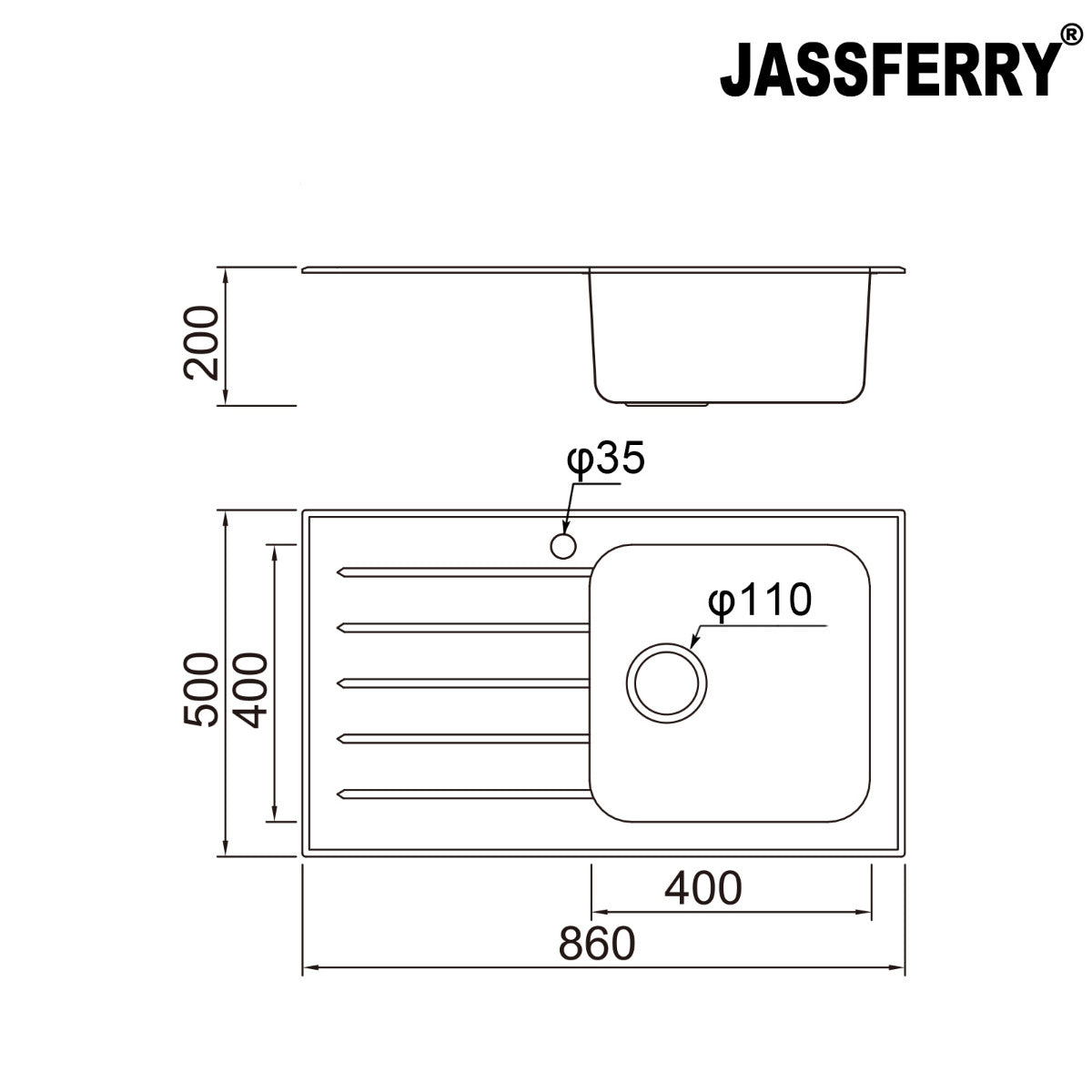 JassferryJASSFERRY Black Glass Top Kitchen Sink 1 Stainless Steel Bowl Lefthand Drainer-772brKitchen Sink