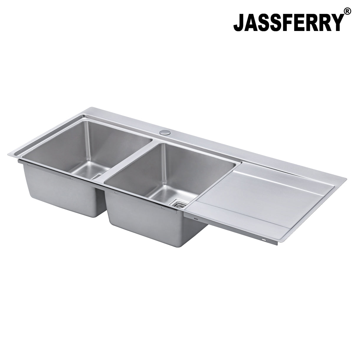JASSFERRY Stainless Steel Kitchen Sink, 2 Bowl Right Hand Drainer, Square Strainer, 1160 x 520mm -699L