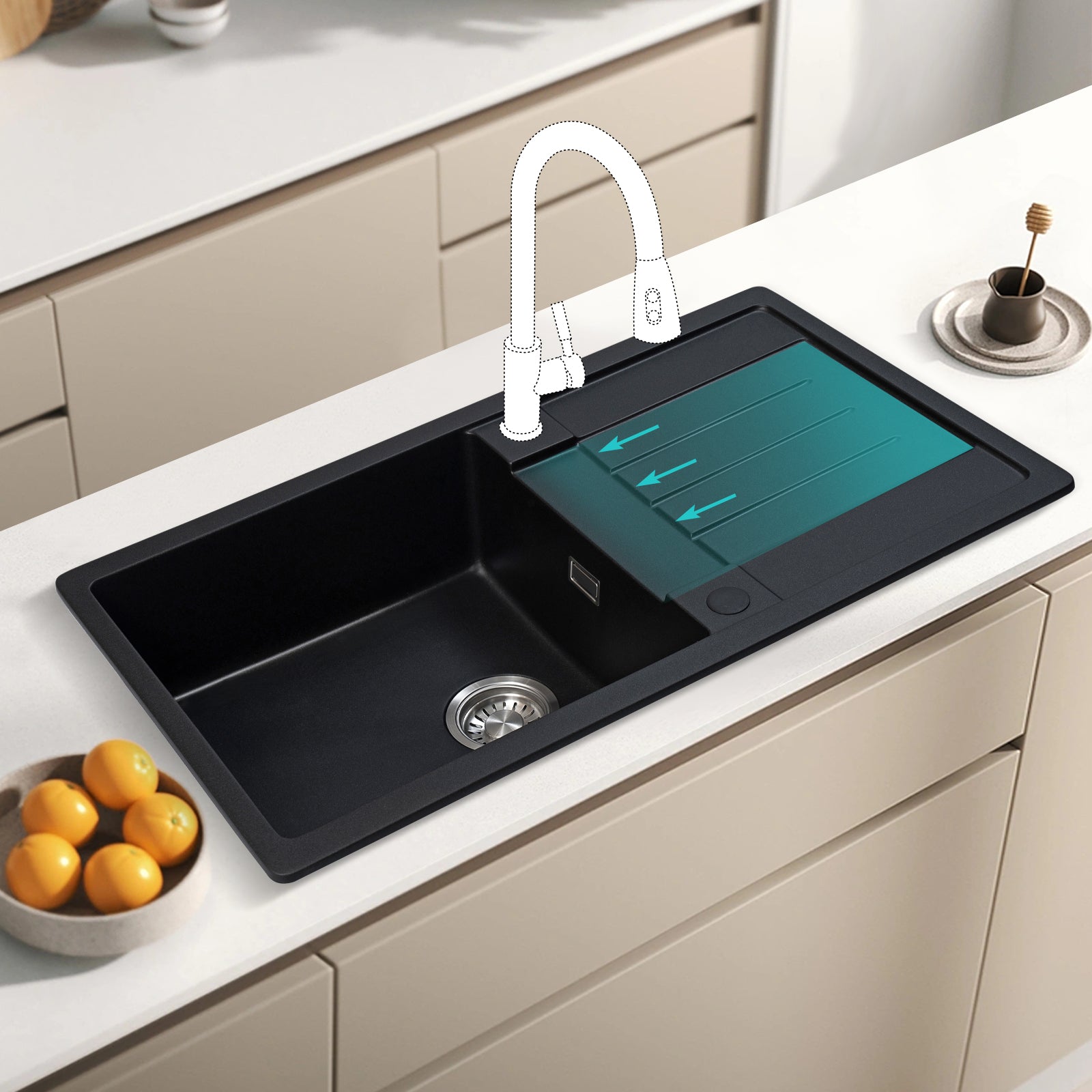 JASSFERRY Black Composite Kitchen Sink Inset Quartz Reversible Drainer 1.0 Bowl with Waste -8650