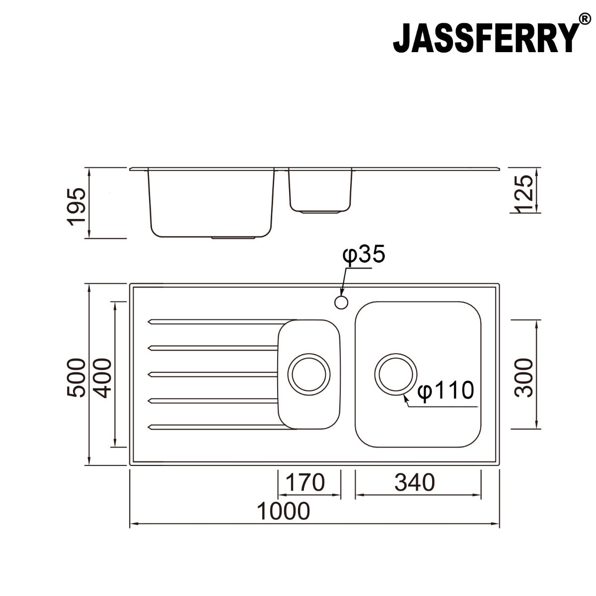 JassferryJASSFERRY Black Glass Top Kitchen Sink Stainless Steel 1.5 Bowl Lefthand DrainerKitchen Sink