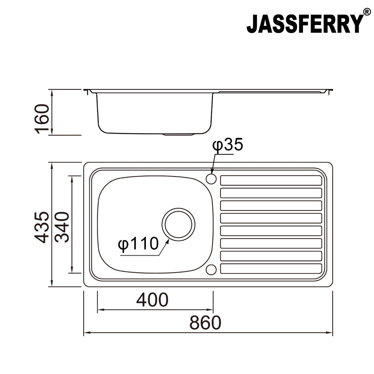 JassferryJASSFERRY 860 x 435 mm Stainless Steel Kitchen Sink Inset Single 1 Bowl Reversible Drainer - 940Kitchen Sinks