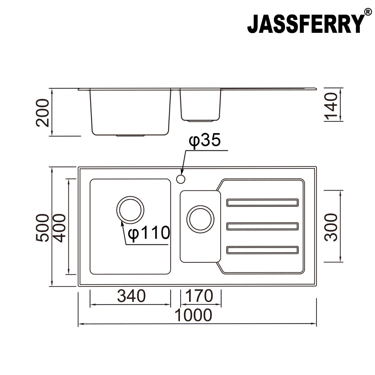JassferryJASSFERRY Kitchen Sink Stainless Steel 1.5 Bowl Black Glass Righthand DrainerKitchen Sinks