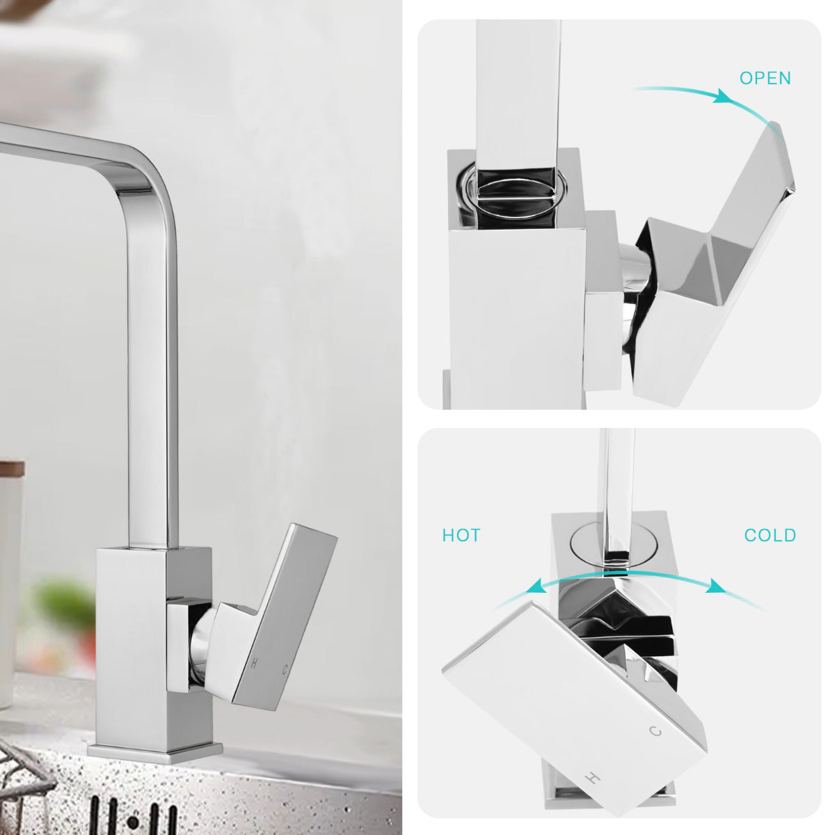 JassferryJASSFERRY Kitchen Sink Taps Mixers Square Single Lever Chrome with Swivel SpoutKitchen taps
