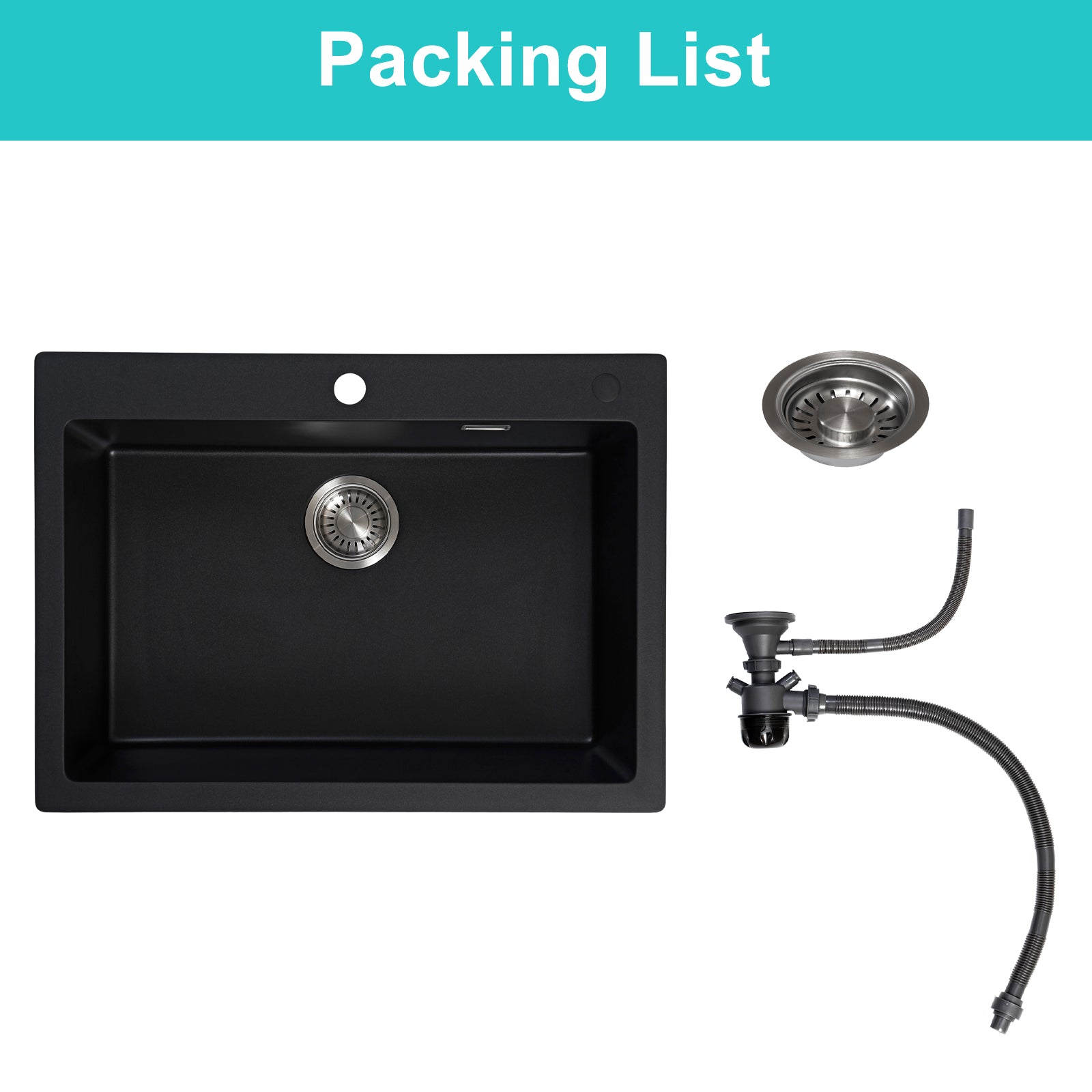 JASSFERRY Black Composite Kitchen Sink Drop-in Deep Single Bowl with Waste -7051