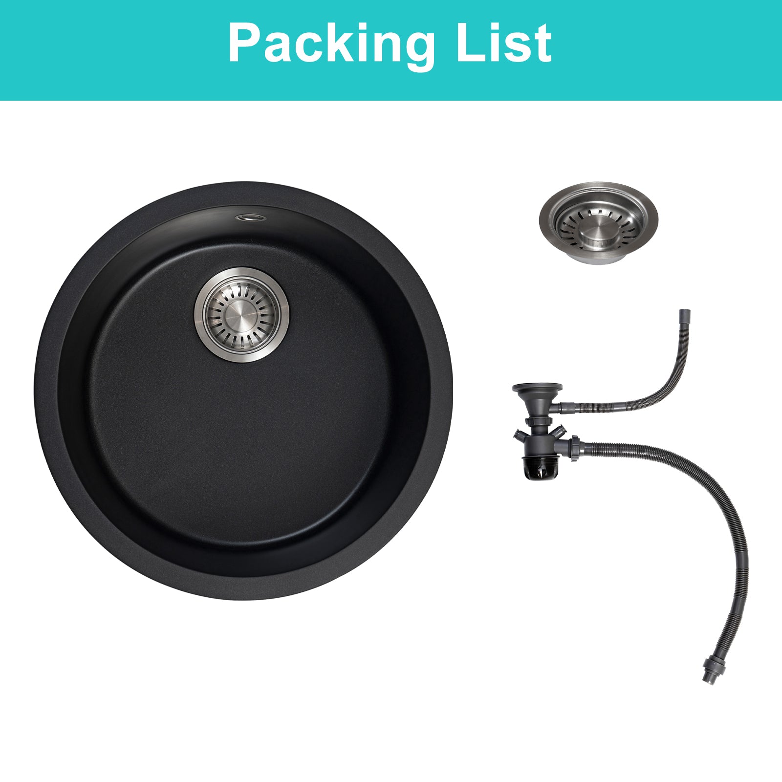 JASSFERRY Black Composite Kitchen Sink Inset Quartz Deep Round Single Bowl with Waste -460