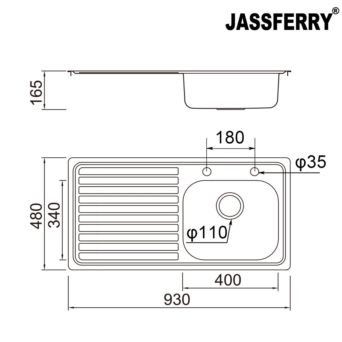 JassferryJASSFERRY Two Tap Holes Stainless Steel Kitchen Sink 1 Bowl Lefthand DrainerKitchen Sinks
