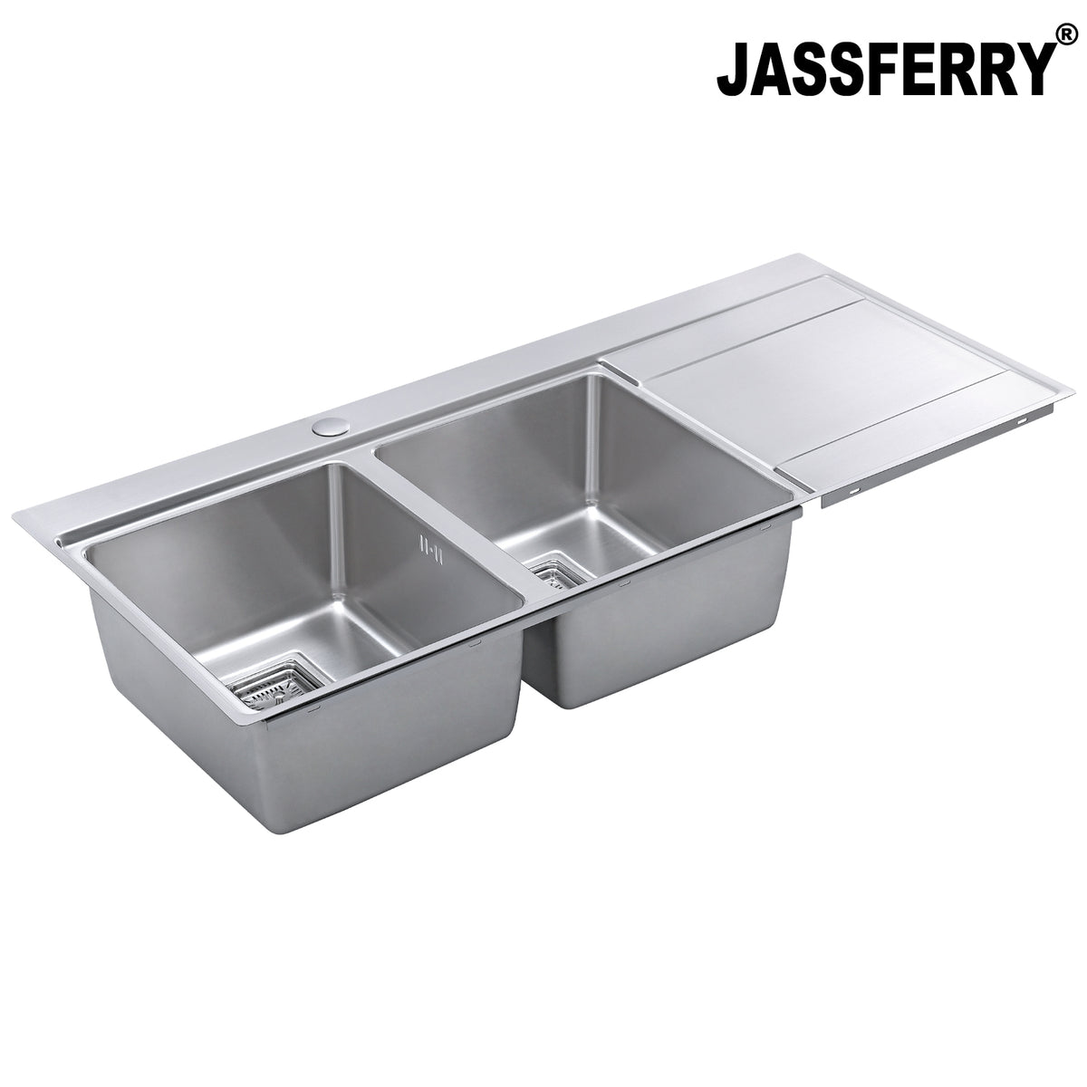 JASSFERRY Stainless Steel Kitchen Sink, 2 Bowl Right Hand Drainer, Square Strainer, 1160 x 520mm -699L