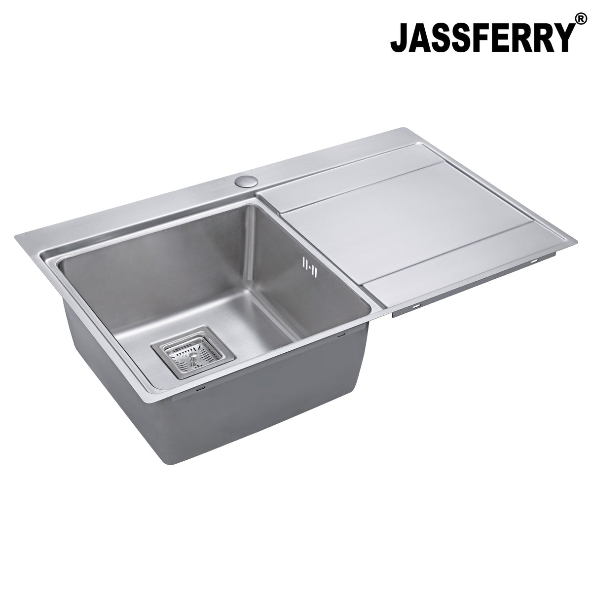 JASSFERRY Stainless Steel Kitchen Sink 860 x 520mm, Single Bowl Right Hand Drainer, Square Strainer