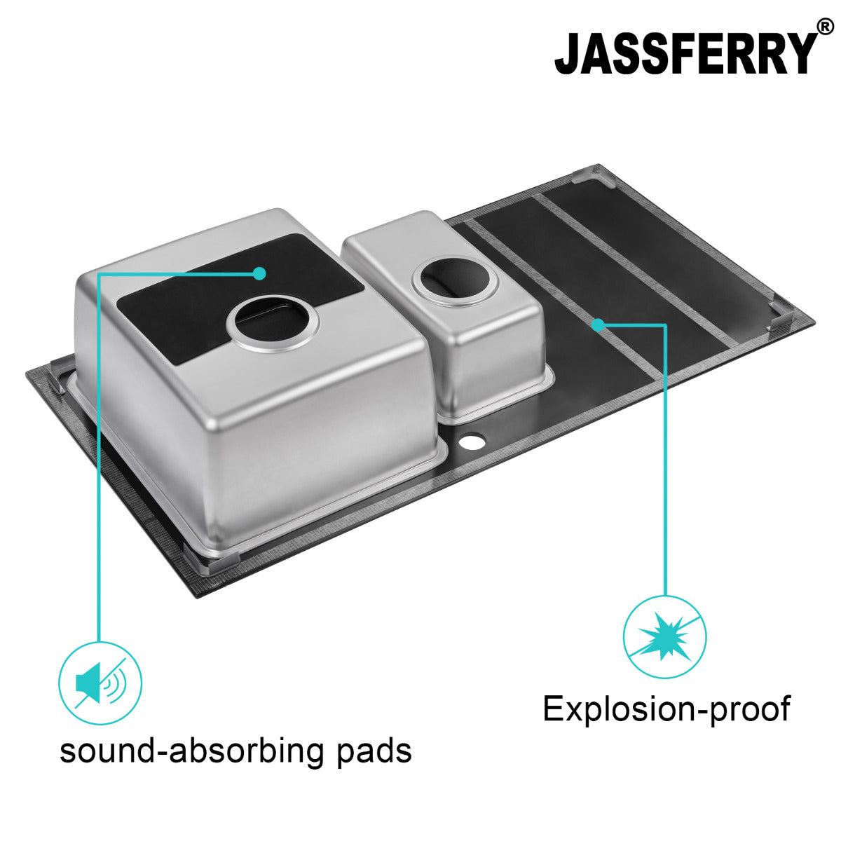 JassferryJASSFERRY Kitchen Sink Stainless Steel 1.5 Bowl Black Glass Righthand DrainerKitchen Sinks