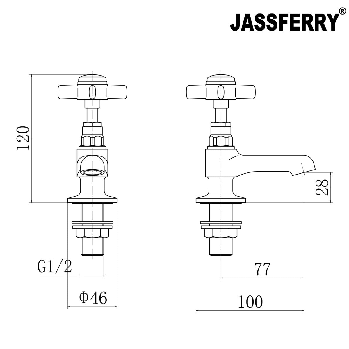 JassferryJASSFERRY New Pair of Basin Taps Hot and Cold Water Bathroom Sink Cross HandleBasin Taps