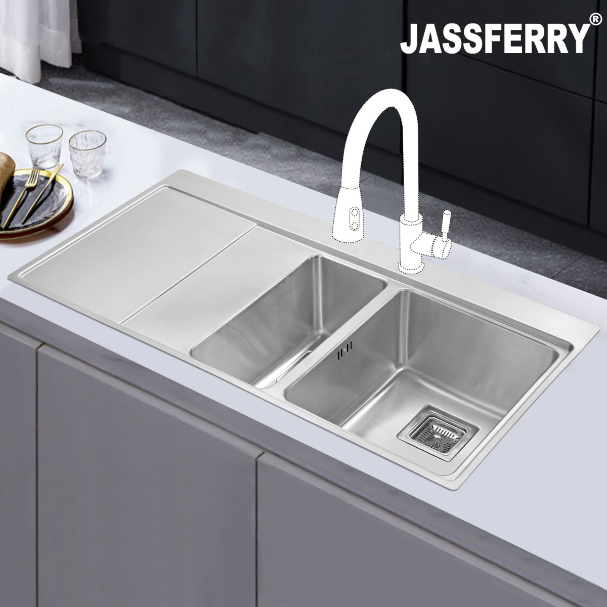 JassferryJASSFERRY Brilliant Stainless Steel Kitchen Sink One&Half Bowl Left hand DrainerKitchen Sink