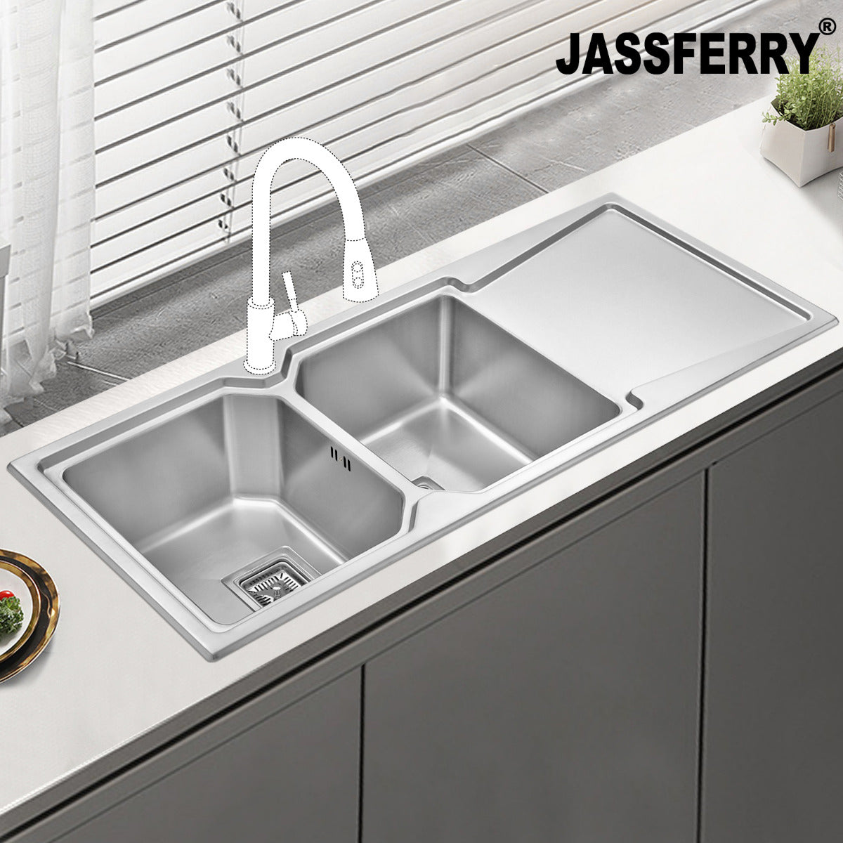 JassferryJASSFERRY Brilliant Stainless Steel Kitchen Sink Double Bowl Righthand DrainerKitchen Sinks