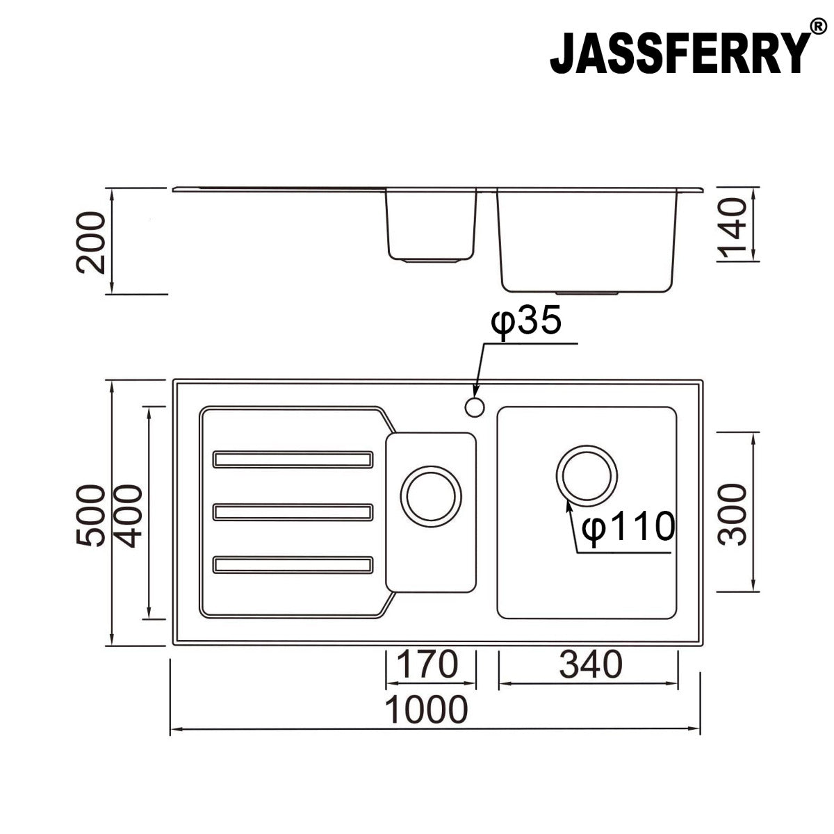 JassferryJASSFERRY Kitchen Sink Stainless Steel 1.5 Bowl Black Glass Lefthand DrainerKitchen Sinks
