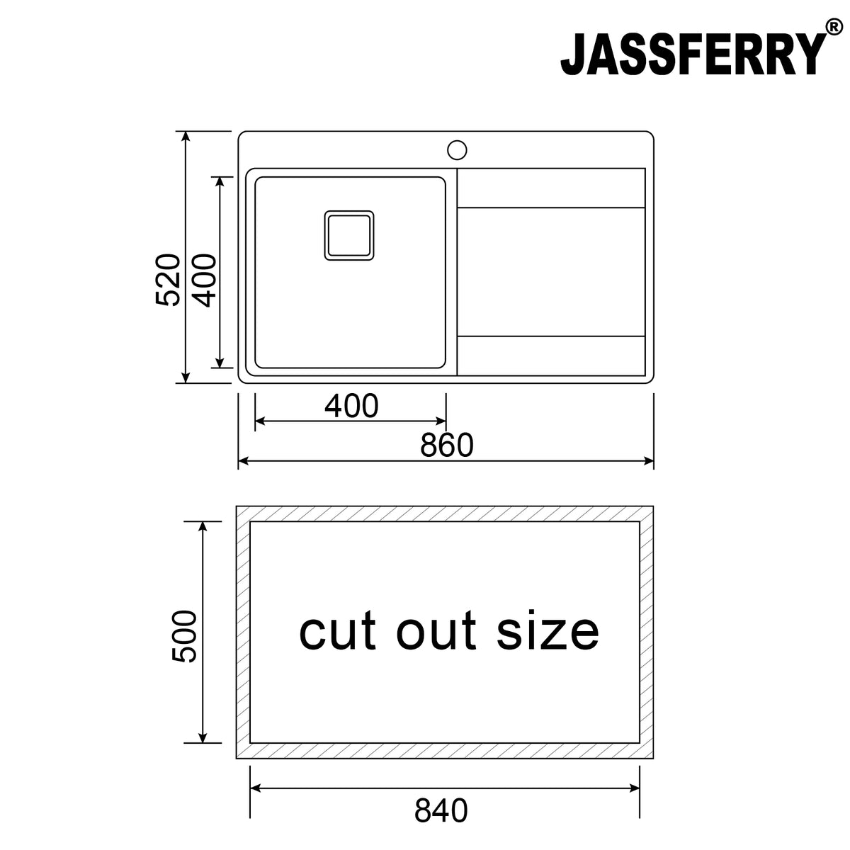 JASSFERRY Stainless Steel Kitchen Sink 860 x 520mm, Single Bowl Right Hand Drainer, Square Strainer