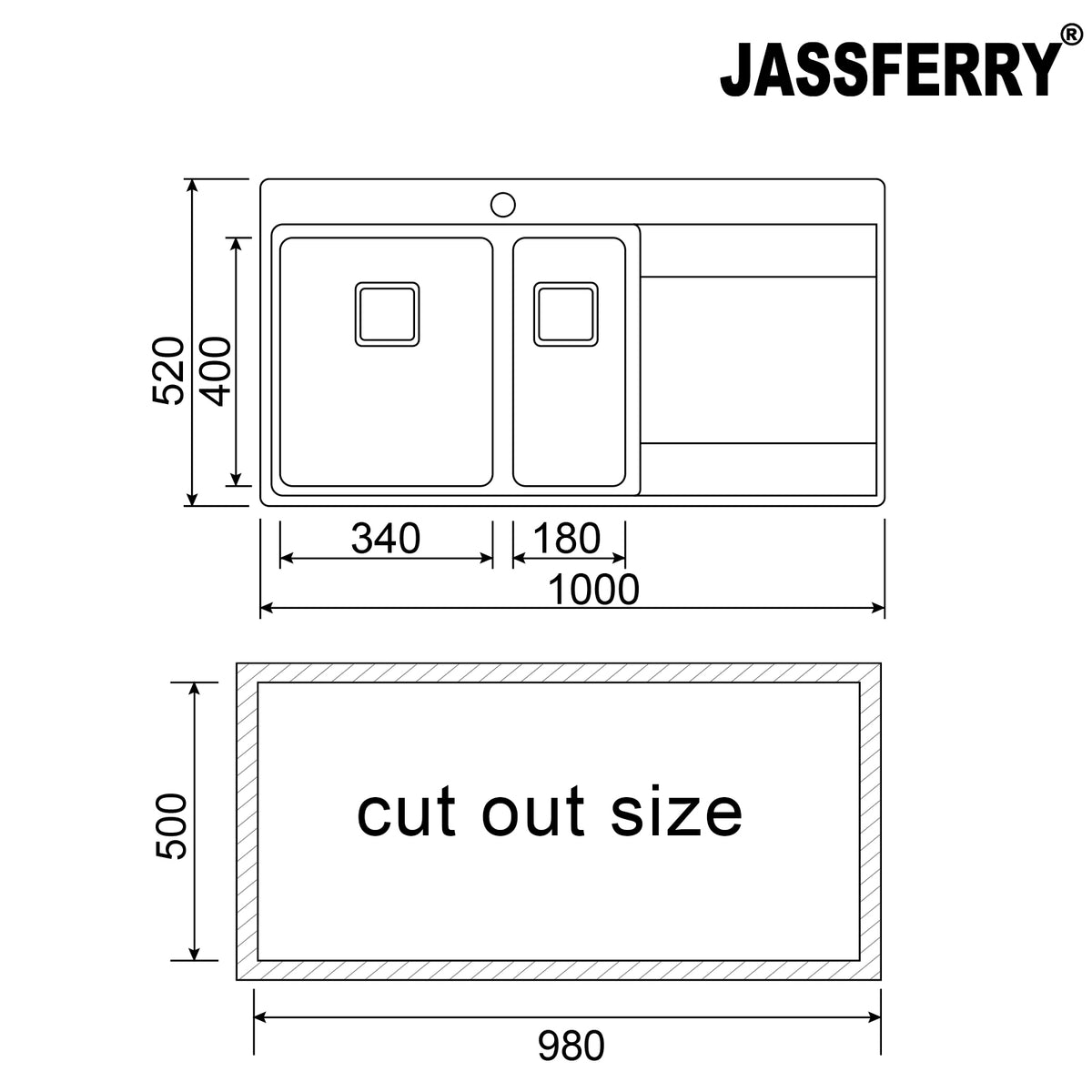 JASSFERRY Stainless Steel Kitchen Sink, 1.5 Bowl Right Hand Drainer, Square Strainer, 1000 x 520mm