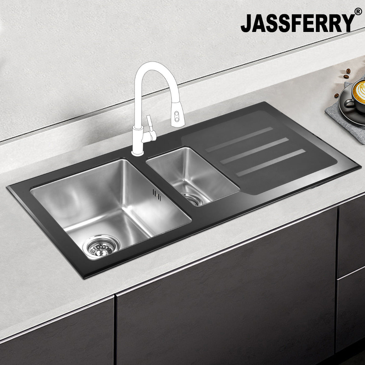 JassferryJASSFERRY Kitchen Sink Stainless Steel 1.5 Bowl Black Glass Righthand DrainerKitchen Sinks