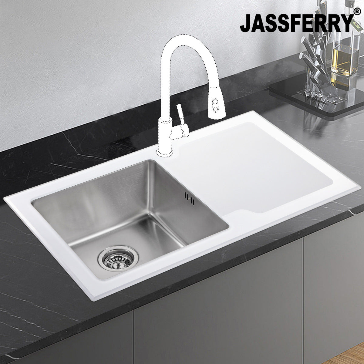 JassferryJASSFERRY White Glass Top Kitchen Sink 1 Stainless Steel Bowl Righthand DrainerKitchen Sinks