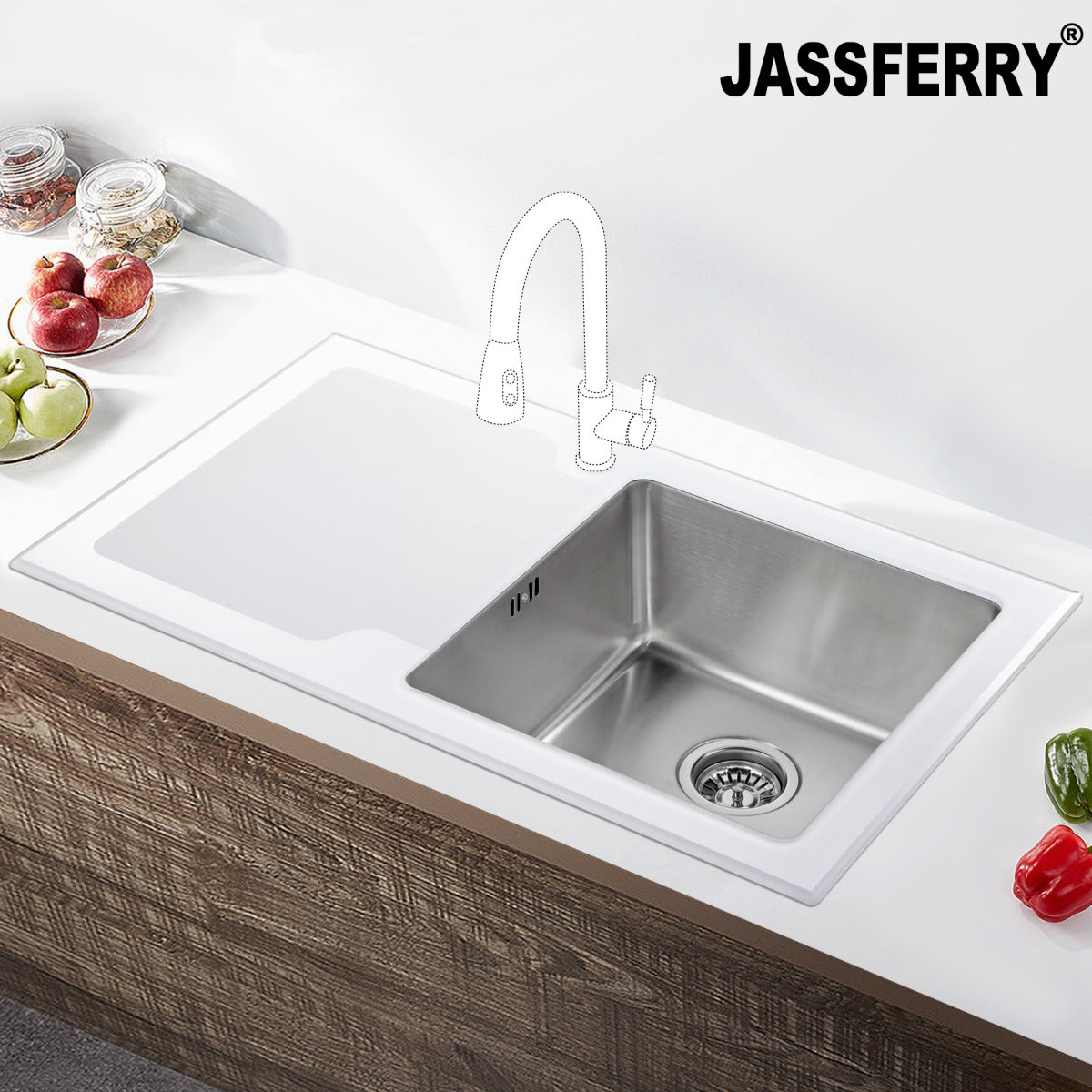 JassferryJASSFERRY White Glass Top Kitchen Sink 1 Stainless Steel Bowl Lefthand DrainerKitchen Sinks