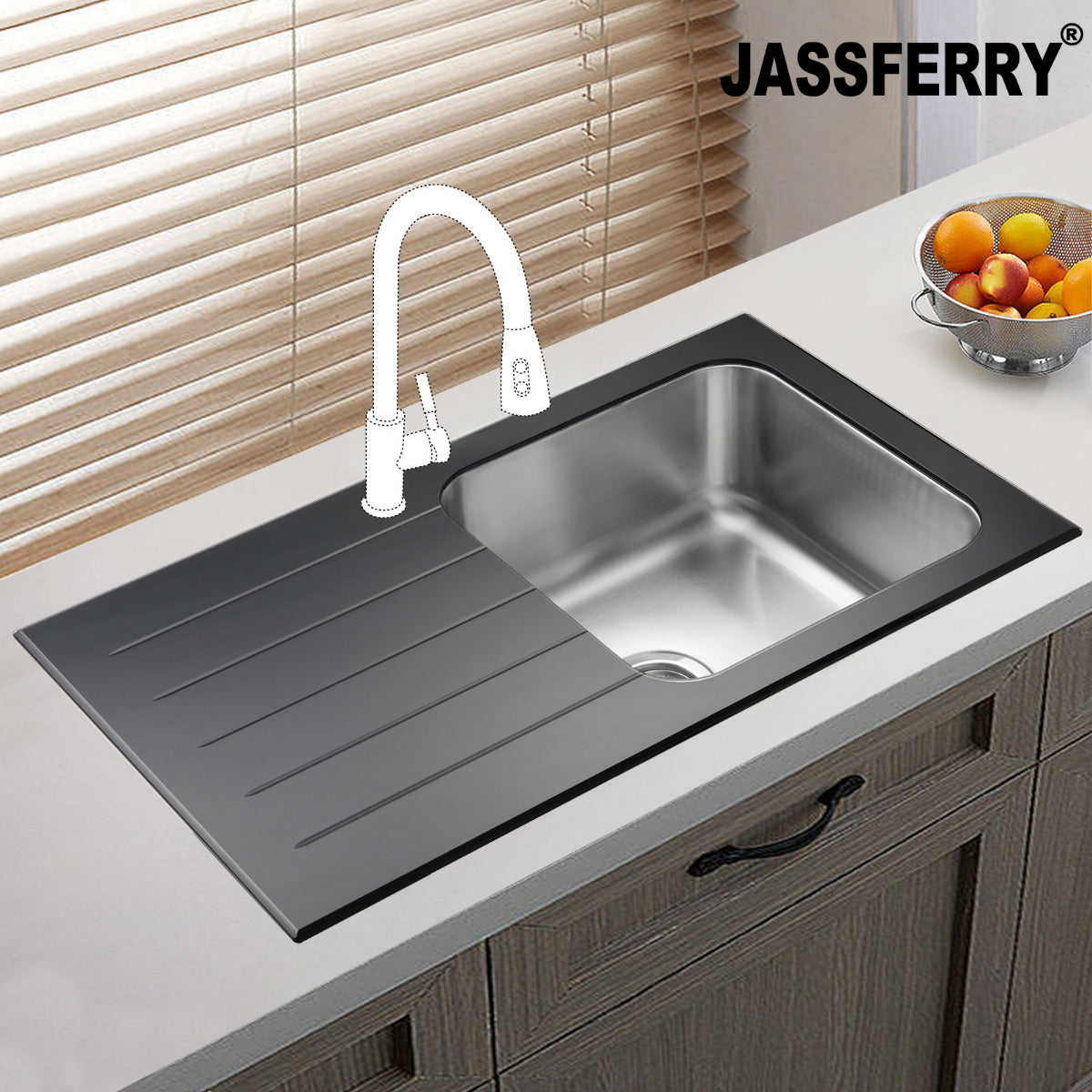 JassferryJASSFERRY Black Glass Top Kitchen Sink 1 Stainless Steel Bowl Lefthand Drainer-772brKitchen Sink