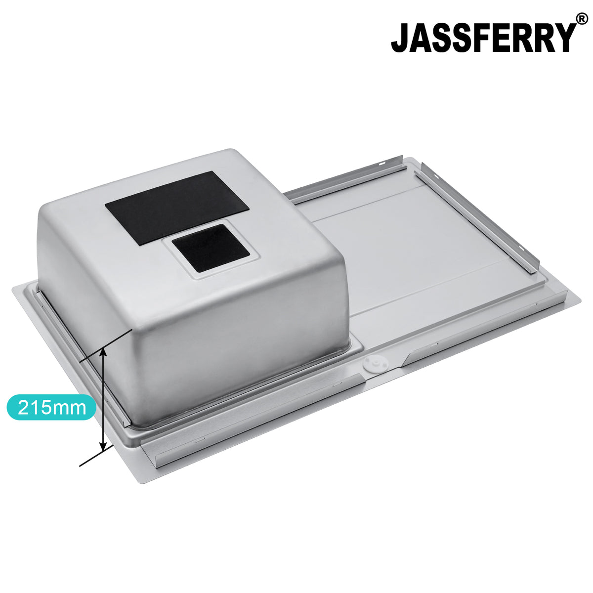 JASSFERRY Stainless Steel Kitchen Sink 860 x 520mm, Single Bowl Right Hand Drainer, Square Strainer