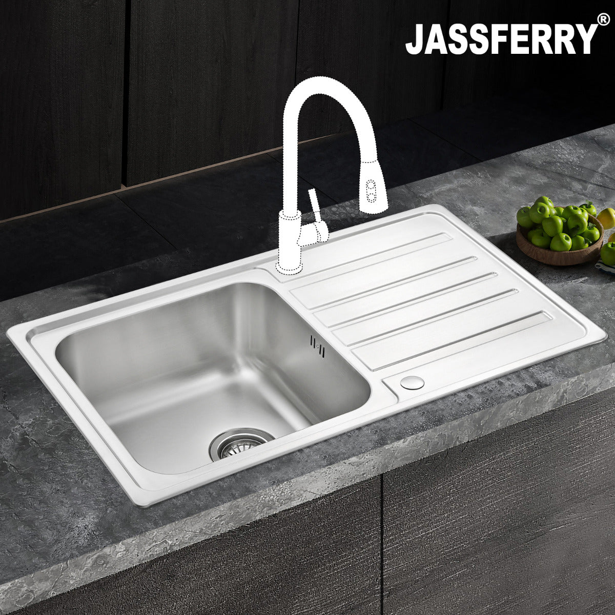 JassferryJASSFERRY Stainless Steel Kitchen Sink Inset Single 1 Bowl 860 x 500 mm Reversible Drainer - 802Kitchen Sinks