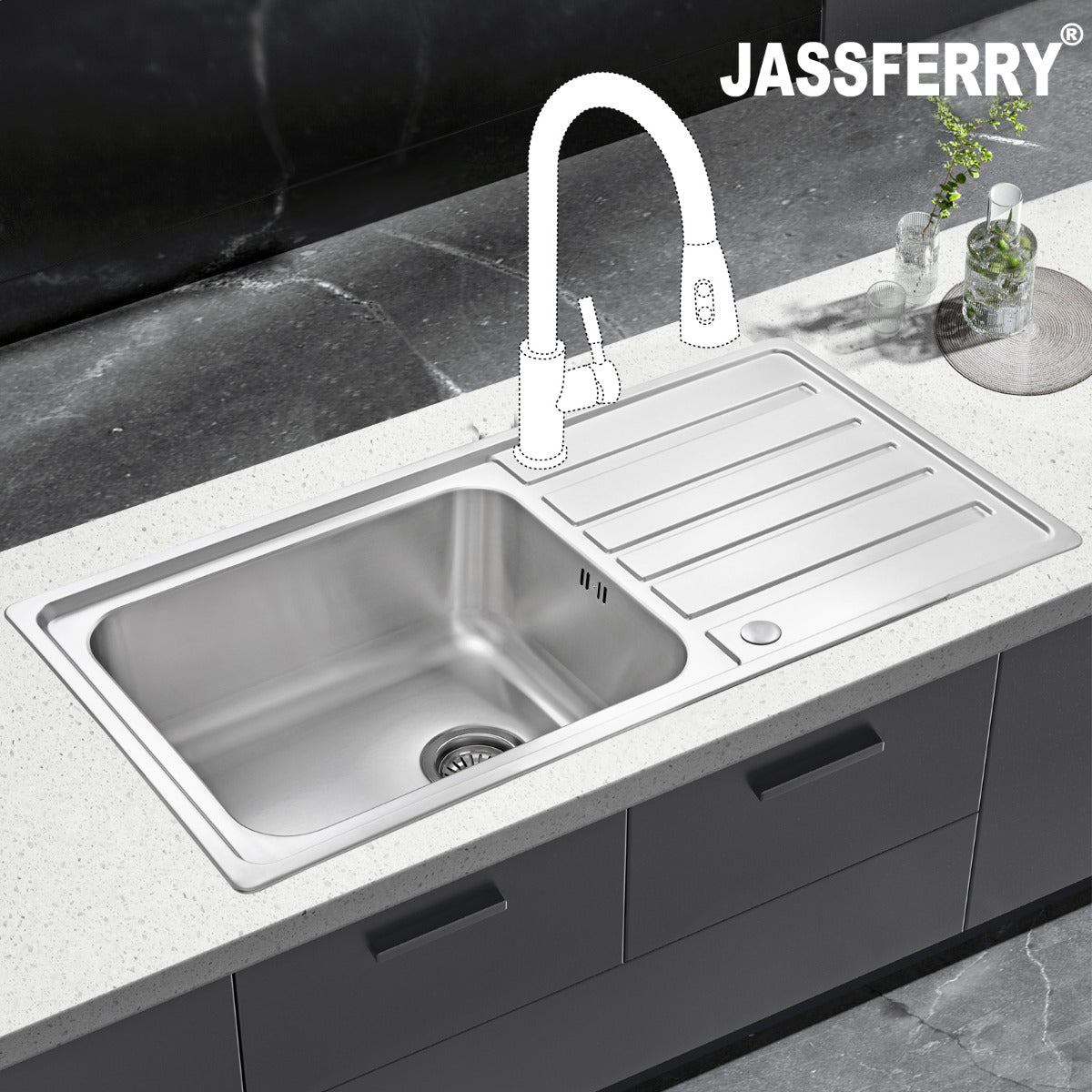 JassferryJASSFERRY Welding Stainless Steel Kitchen Sink Single Large Bowl Reversible DrainerKitchen Sinks
