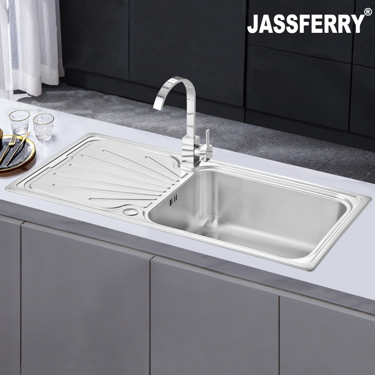 JassferryJASSFERRY Stainless Steel Kitchen Sink Single Large Bowl Reversible Drainer InsetKitchen Sinks