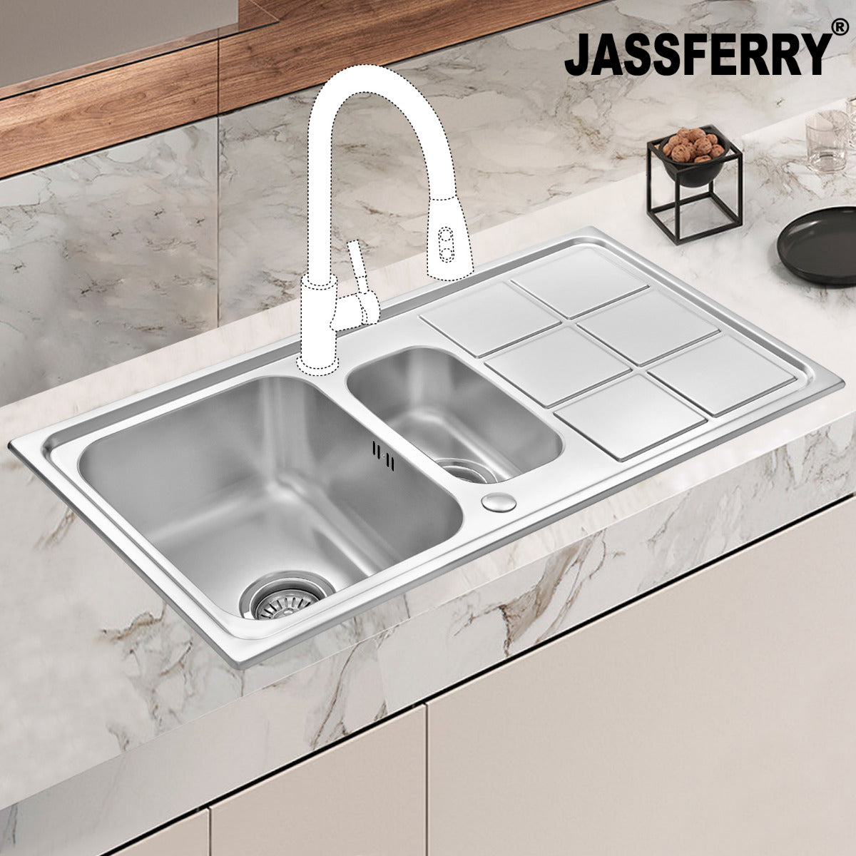 JassferryJASSFERRY Stainless Steel Kitchen Sink 1.5 Bowl Rectangle Reversible DrainerKitchen Sink