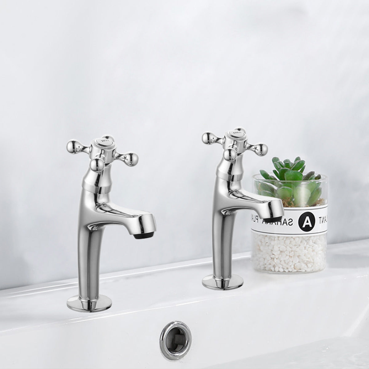 JassferryJASSFERRY Pair of Basin Taps Hot & Cold Water Bath Cross Handle High Neck ChromeBasin Taps