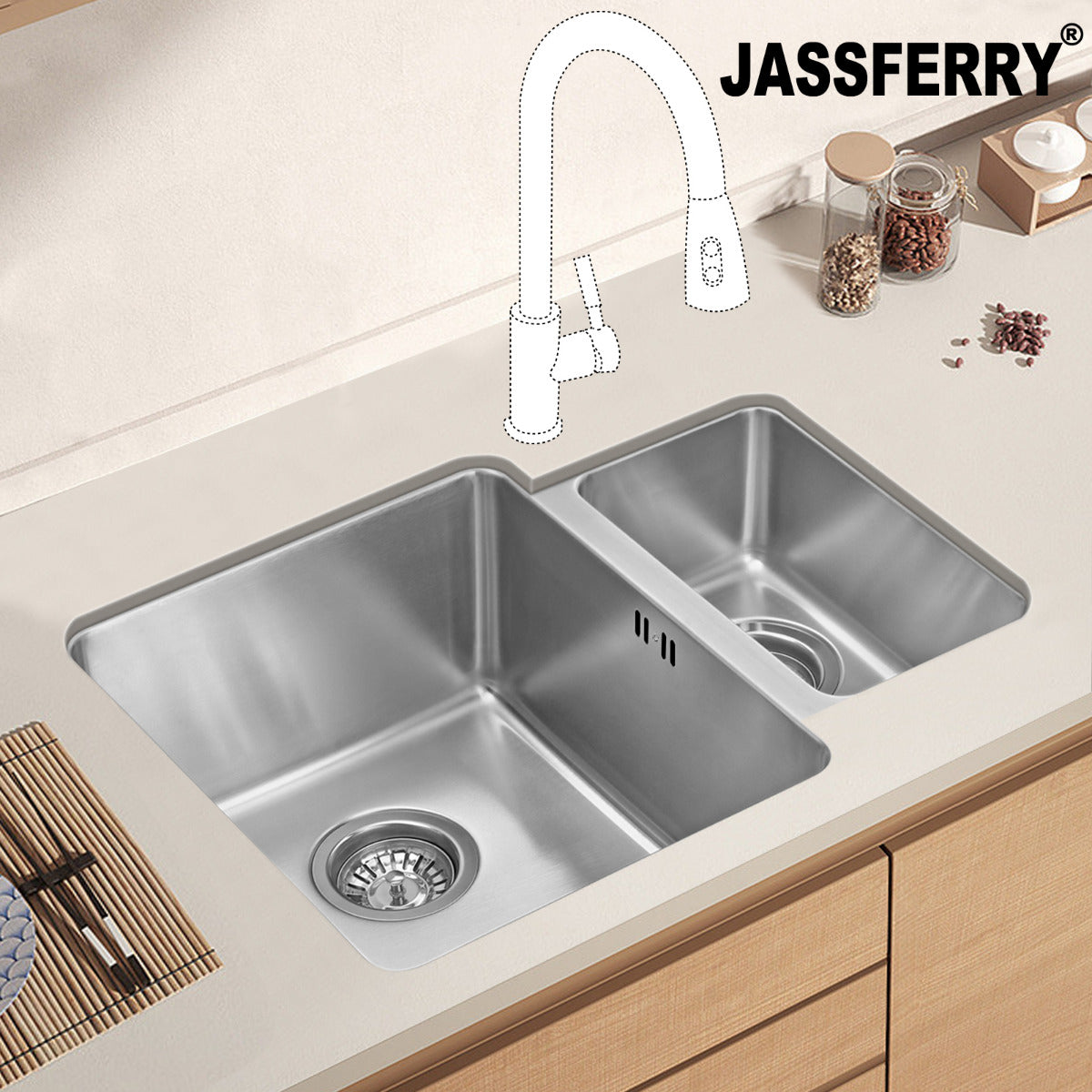 JassferryJASSFERRY Stainless Steel Kitchen Sink 1.5 Bowl Undermount Righthand Smaller Bowl 580 X 440 mmKitchen Sinks