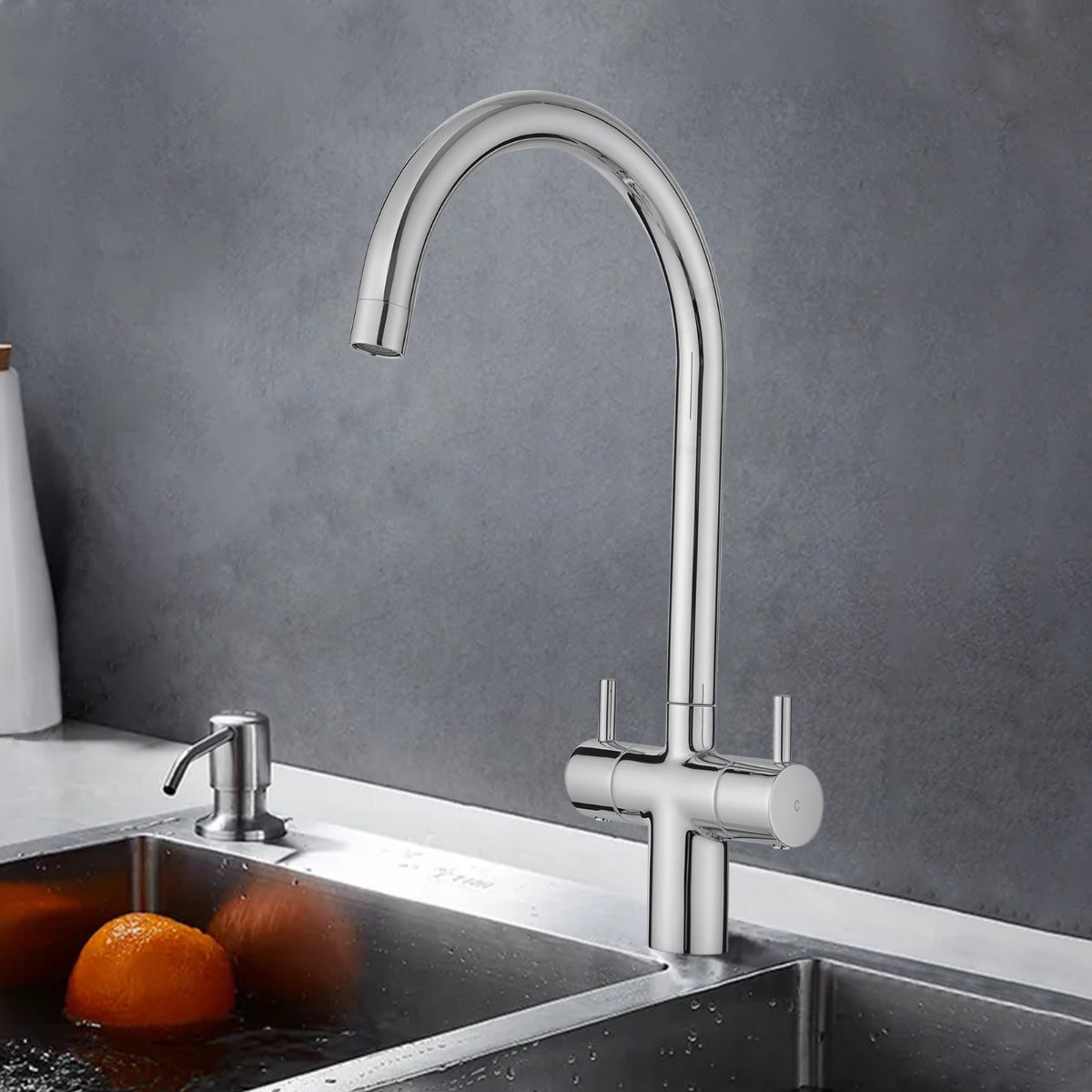 JassferryJASSFERRY Kitchen Sink Mixer Tap Monobloc Twin Dial Lever Swan Neck Swivel SpoutKitchen taps