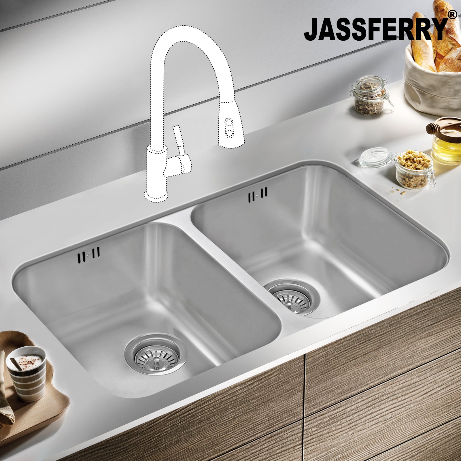 JASSFERRY Undermount Stainless Steel Kitchen Sink Double Square Bowl -985