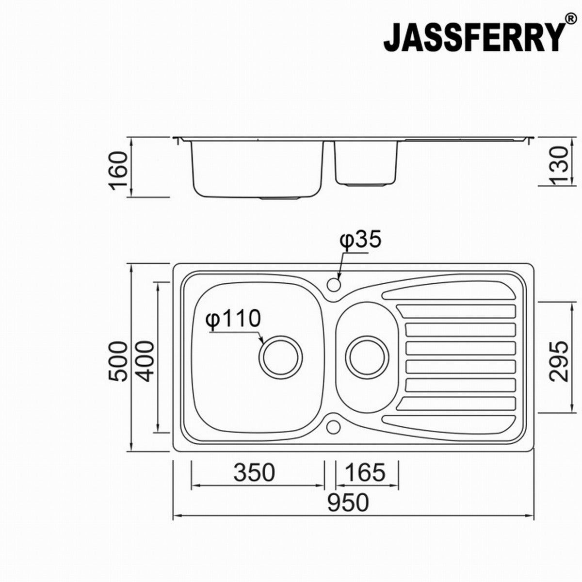 JassferryJASSFERRY Inset Stainless Steel Kitchen Sink One and Half Bowl Reversible DrainerKitchen Sinks