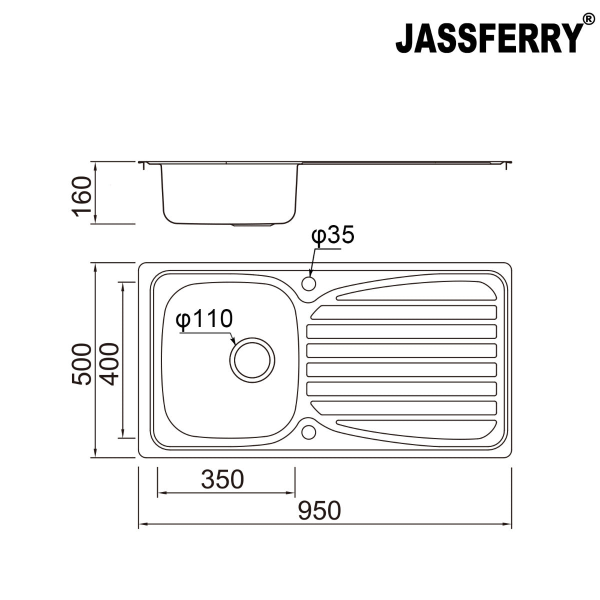 JassferryJASSFERRY Inset Stainless Steel Kitchen Sink Single 1 Bowl Reversible DrainerKitchen Sinks