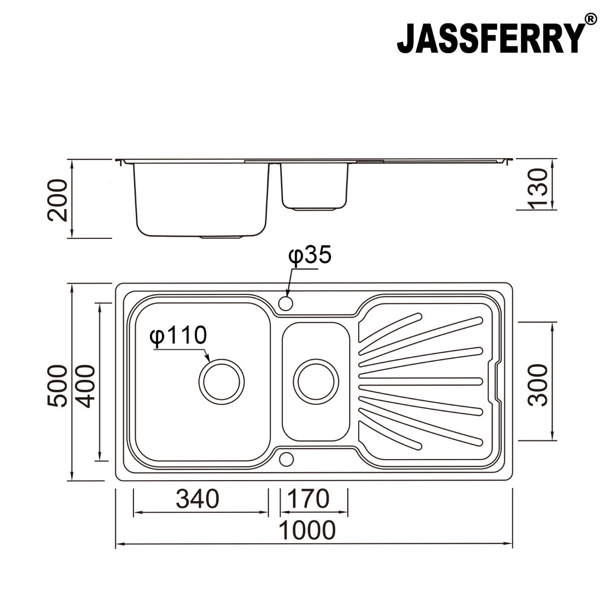 JassferryJASSFERRY Stainless Steel Kitchen Sink Inset One Half Bowl Reversible Drainer - 851BKitchen Sinks