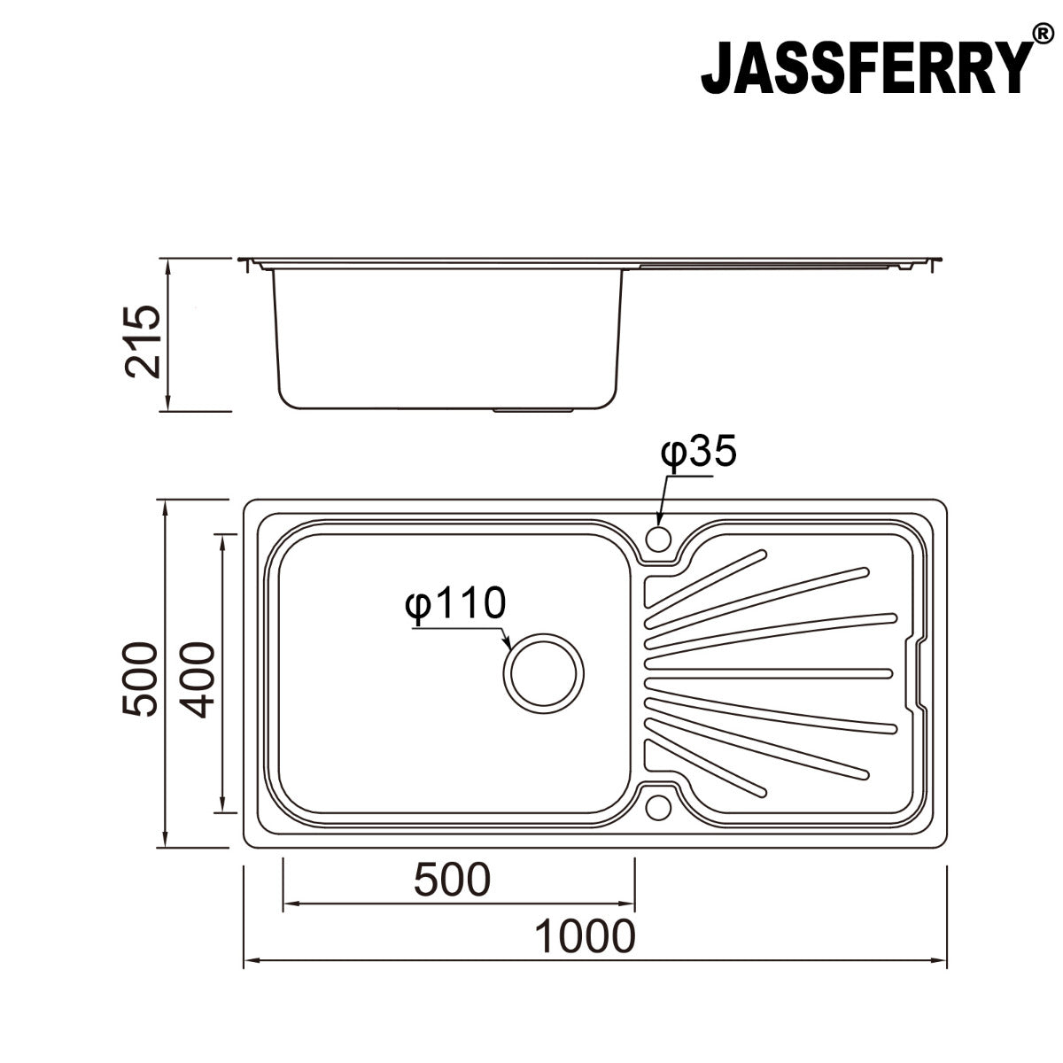 JassferryJASSFERRY Stainless Steel Kitchen Sink Single Large Bowl Reversible Drainer InsetKitchen Sinks