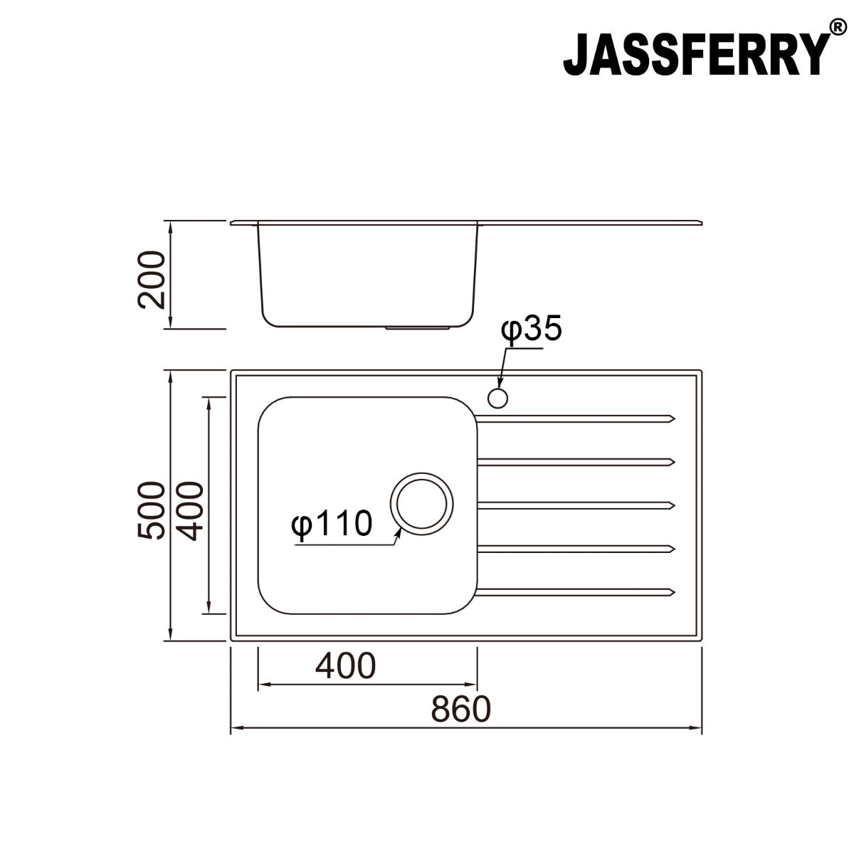 JassferryJASSFERRY Black Glass Top Kitchen Sink 1 Stainless Steel Bowl Righthand Drainer - 772BKitchen Sink