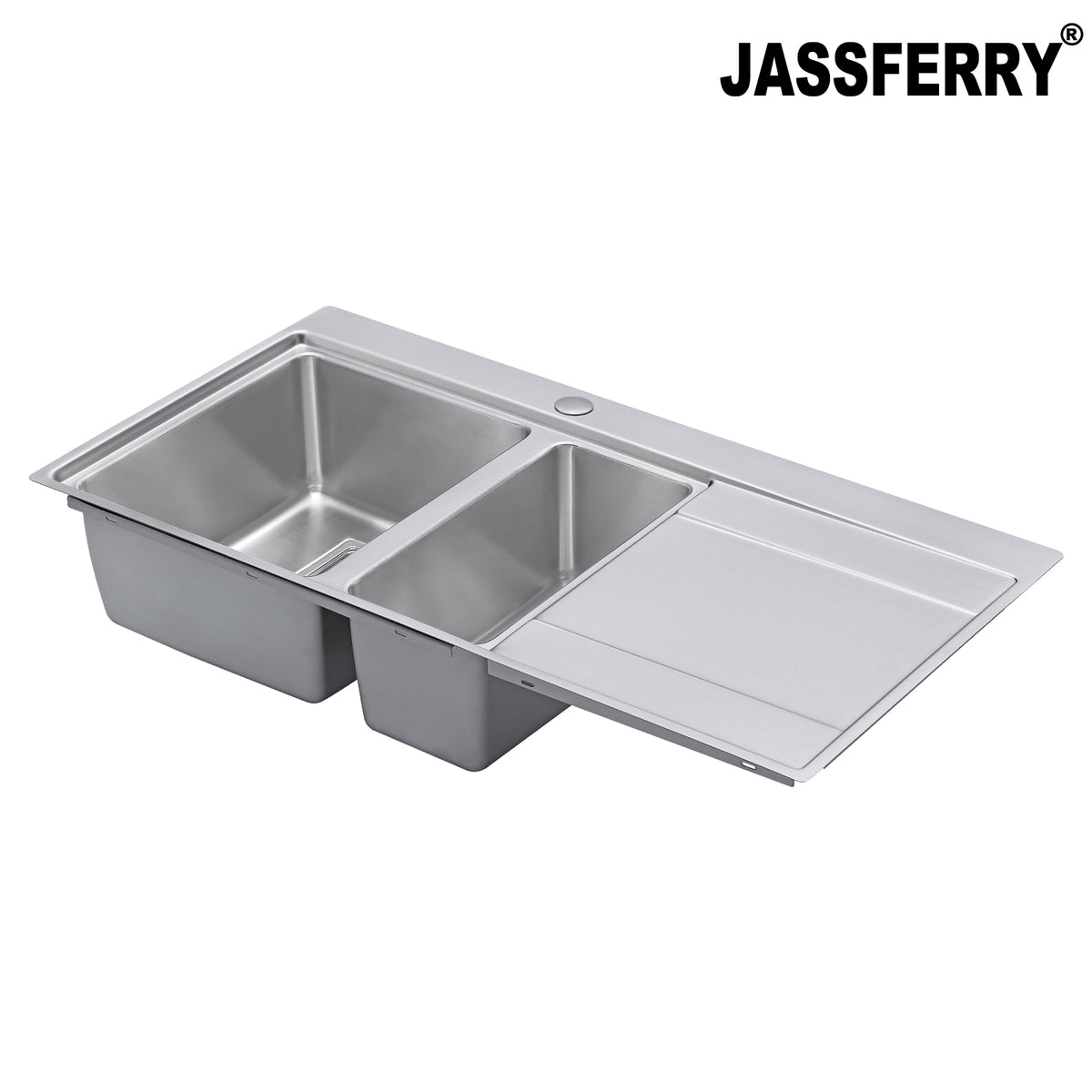 JASSFERRY Stainless Steel Kitchen Sink, 1.5 Bowl Right Hand Drainer, Square Strainer, 1000 x 520mm