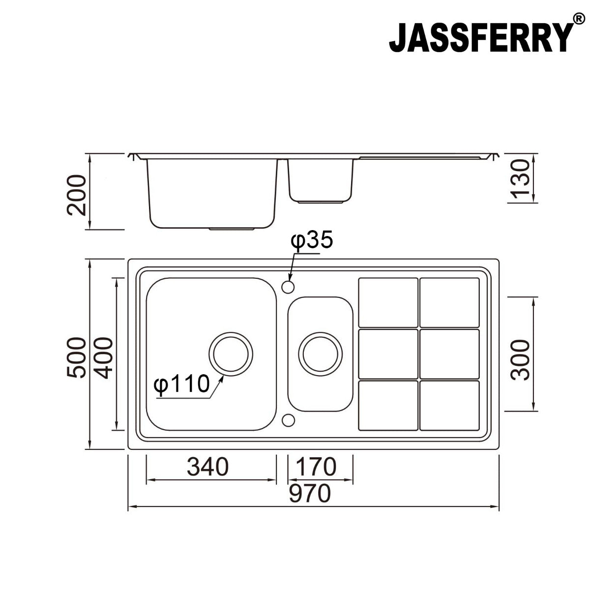 JassferryJASSFERRY Stainless Steel Kitchen Sink 1.5 Bowl Rectangle Reversible DrainerKitchen Sink