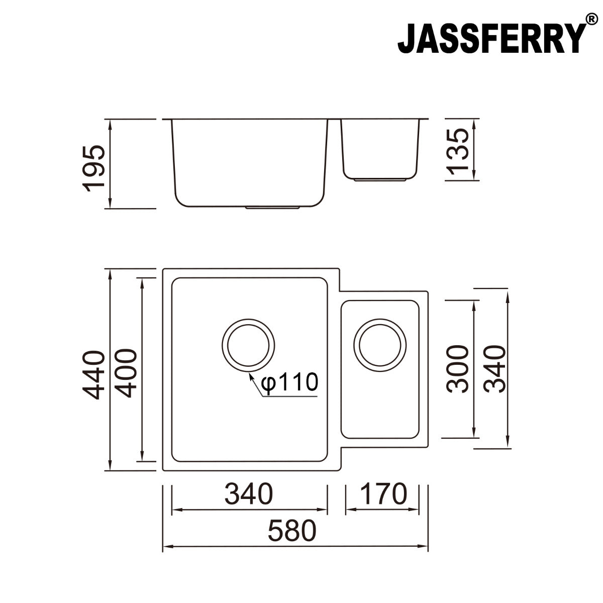 JassferryJASSFERRY Stainless Steel Kitchen Sink 1.5 Bowl Undermount Righthand Smaller Bowl 580 X 440 mmKitchen Sinks