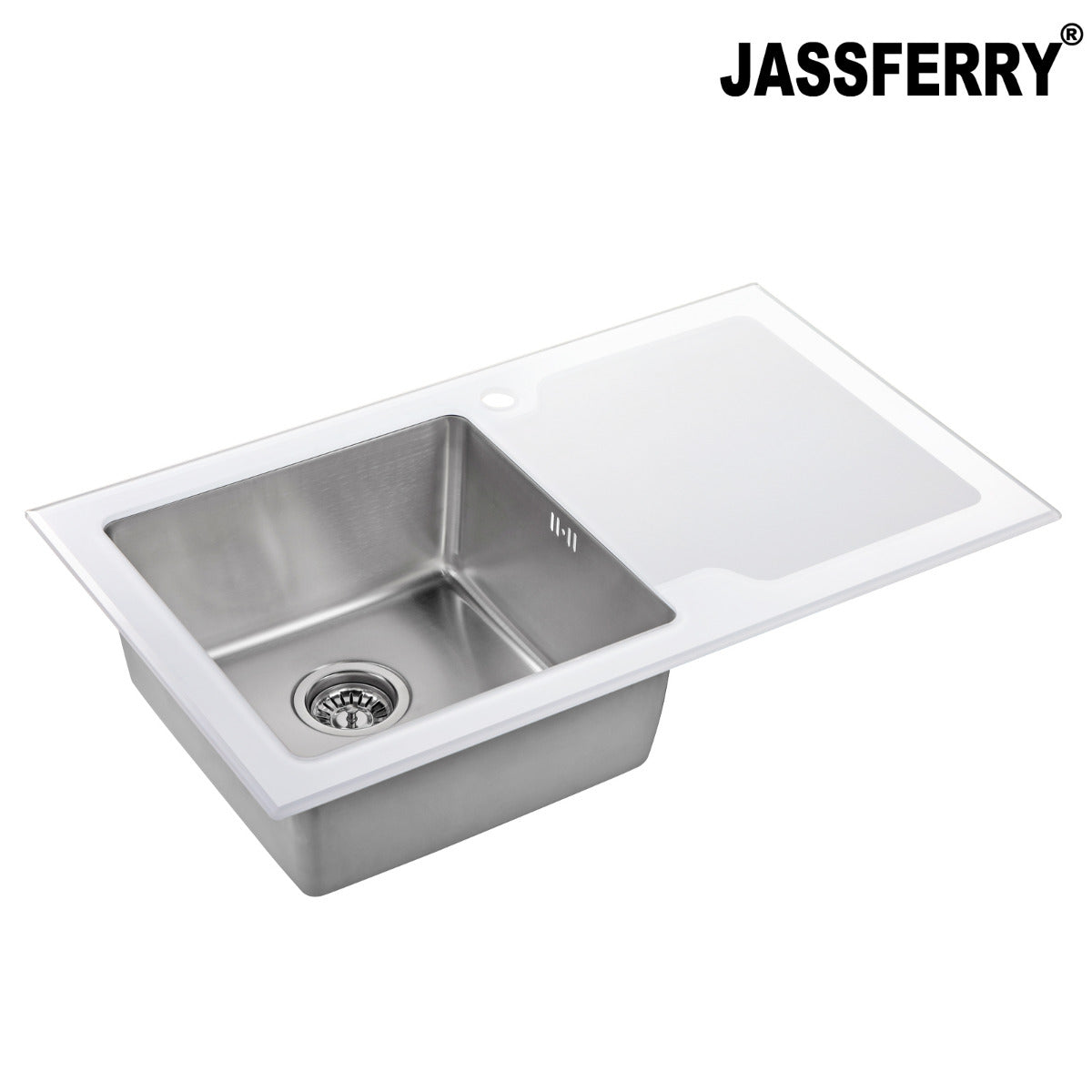 JassferryJASSFERRY White Glass Top Kitchen Sink 1 Stainless Steel Bowl Righthand DrainerKitchen Sinks