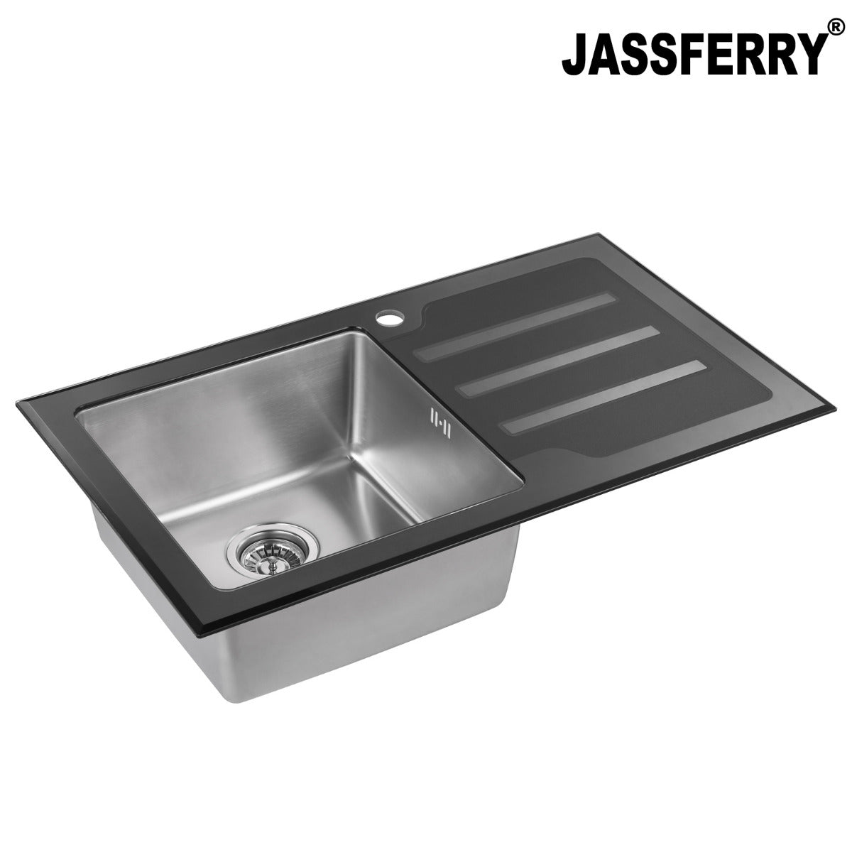 JassferryJASSFERRY Kitchen Sink Stainless Steel Single Bowl Black Glass Righthand DrainerKitchen Sinks