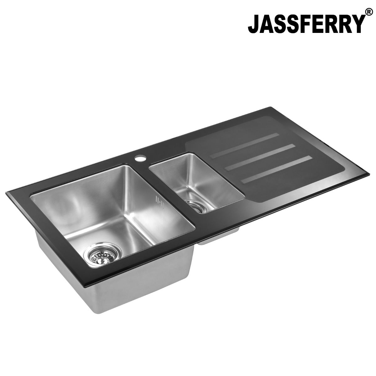 JassferryJASSFERRY Kitchen Sink Stainless Steel 1.5 Bowl Black Glass Righthand DrainerKitchen Sinks