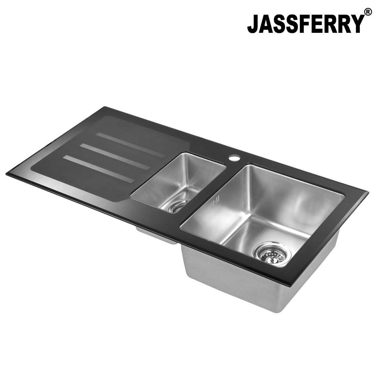 JassferryJASSFERRY Kitchen Sink Stainless Steel 1.5 Bowl Black Glass Lefthand DrainerKitchen Sinks