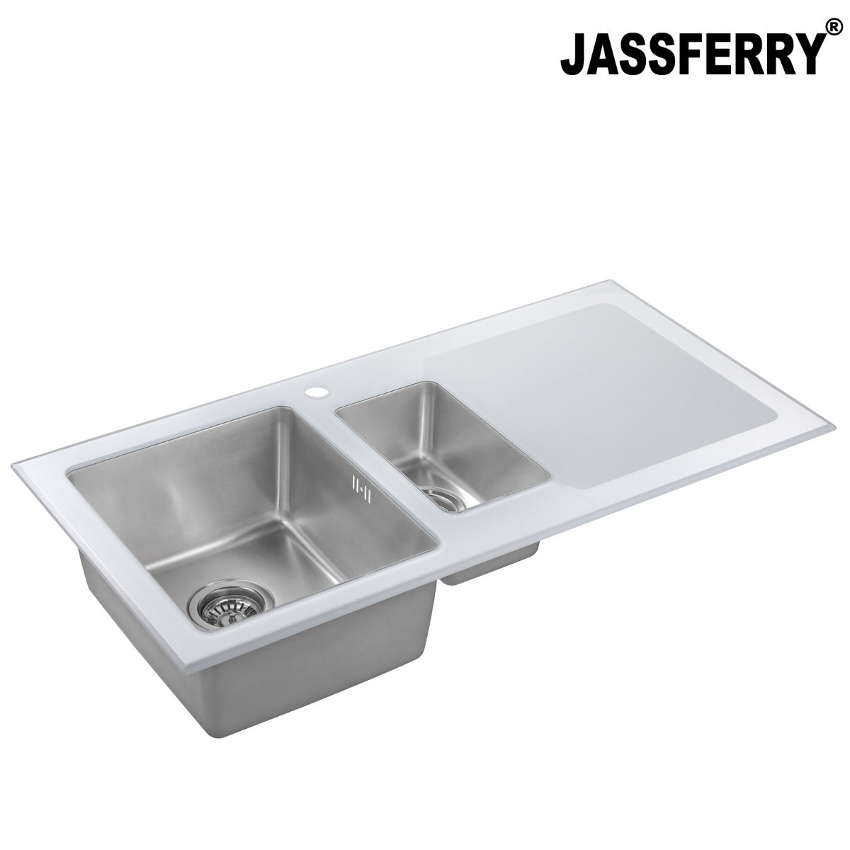JassferryJASSFERRY White Glass Top Kitchen Sink Stainless Steel 1.5 Bowl Righthand DrainerKitchen Sinks