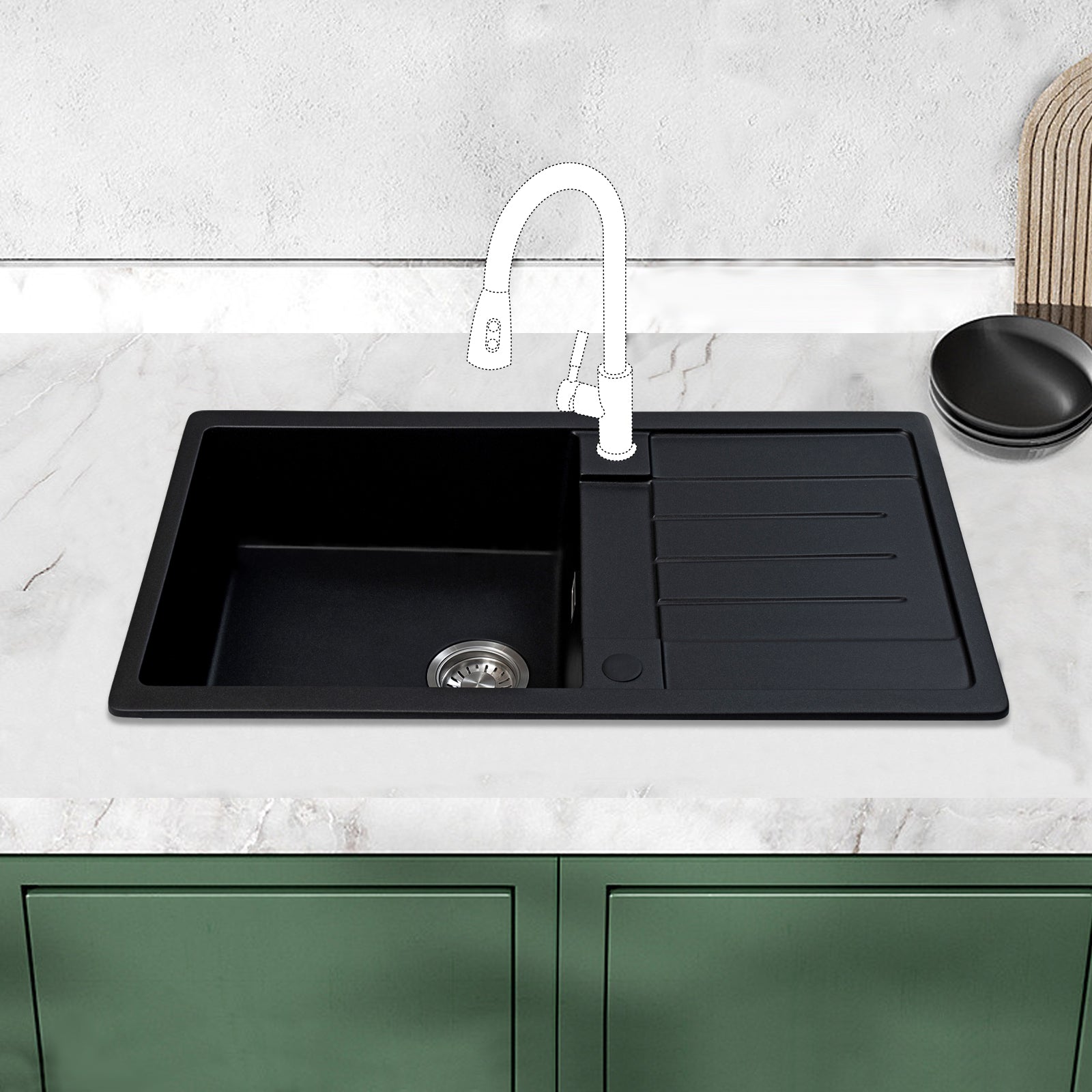 JASSFERRY Black Composite Kitchen Sink Inset Quartz Reversible Drainer 1.0 Bowl with Waste -8650